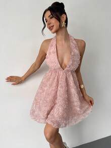Firerie 女士优雅浪漫迷你连衣裙，适合约会、度假、海滩派对、鸡尾酒会等场合，杏粉色露背V领吊带A字型纹理连衣裙，也可作为婚礼宾客礼服、晚礼服，新款春夏连衣裙 - 粉色 - 查看 2