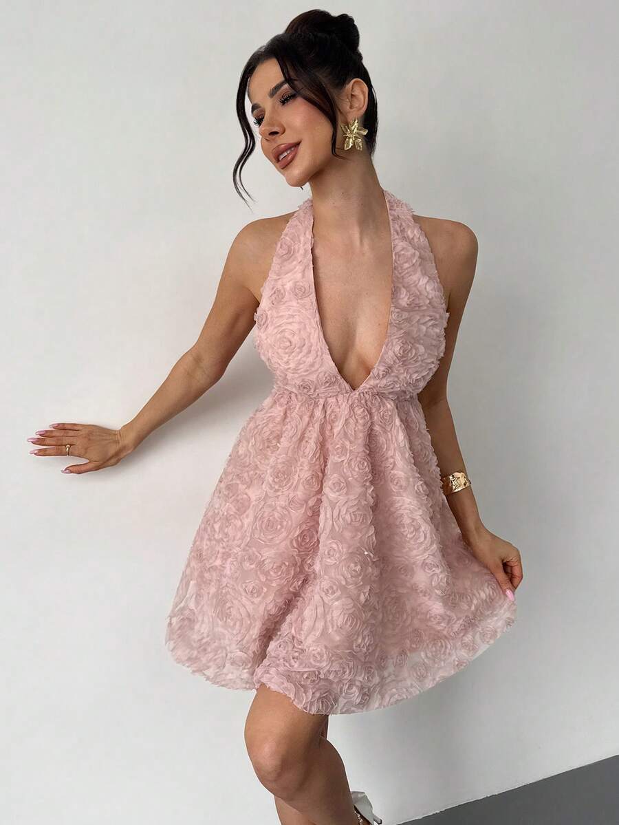 Firerie 女士优雅浪漫迷你连衣裙，适合约会、度假、海滩派对、鸡尾酒会等场合，杏粉色露背V领吊带A字型纹理连衣裙，也可作为婚礼宾客礼服、晚礼服，新款春夏连衣裙 - 粉色 - 查看 1