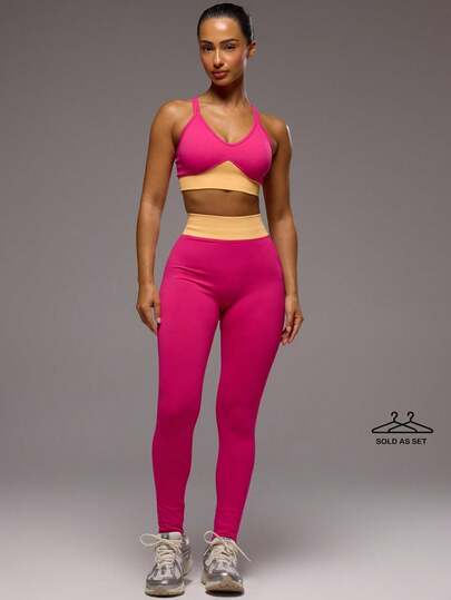 Musera Sport Contrast Cross Back Shorts Bra And Thick Waistband Leggings Active Set Sport Workout Gym Pilates Fitness Daily Girly Casual Hot Sweat