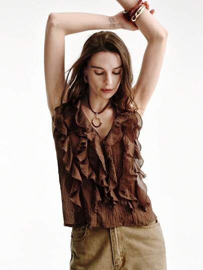 Aveloria Modichic Textured Wrinkle Luxurious Sexy High-End Multi-Layer Ruffle V-Neck Front Open Halter Backless Casual Versatile Minimalist Design Blouse For Women