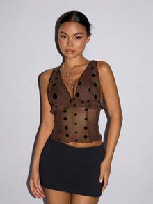 SHEIN ICON Y2k Women's Brown Going Out Sexy Vacation Holiday Gown For Prom Night Club Concert Coachella Gyaru Polka Dot Print Mesh Sexy Fitted Camisole,Summer - Black - View 7