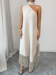 SHEIN Elenzya Elegant Linen-Like Loose Asymmetric Shoulder Tassel Trim Dress, Suitable For Holidays, Vacation, Commute, Versatile For Daily Wear, Summer - Coffee - View 4