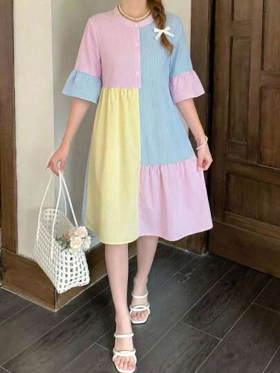 Teen Girl Casual Striped Asymmetric Collared Ruffle Trim Loose A-Line Shirt Dress, Pastel Color Blocking Dress, Suitable For Daily Outing, Back To School, Summer Dopamine, Y2K