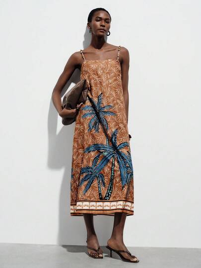 Aveloria Modichic Vestido casual bohemio sin mangas con estampado de palmera de coco marrón y correa de cuentas de madera para mujeres