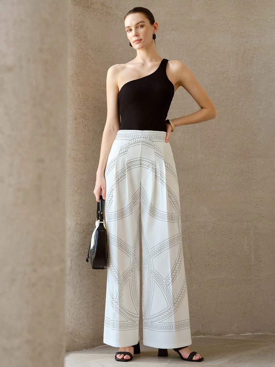 MOTF PREMIUM HIGH WAIST PRINTED PATTERN WIDE LEG CASUAL MINIMALIST LONG PANTS FOR WOMEN - White - View 1