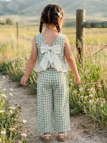 Emery Rose Kids Emery Rose Kids 2pcs/Set  Young Girl Woven Plaid Round Neck Casual Vest And Pants Set Young Girl  Two Piece Set Gingham Set Girls Plaid Set Young Girl  Two Piece Set Summer Two Piece Set For Girls Young Girl Green Gingham Two Piece Set With Bow And Ruffle Sleeveless Top And Wide Leg Pants Summer Outfits Girls Summer Clothes Girls Clothes Girl Elegant Pant Set - Green - View 4