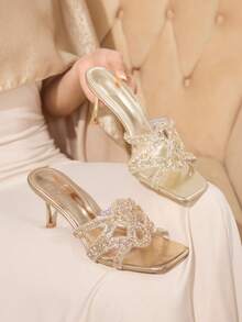 CUCCOO TILAWA Sandalias de tacón alto para mujer con puntera cuadrada, tacón delgado, película transparente dorada, hueco, rhinestone, sexy, elegante y glamoroso. Sandalias versátiles para usar con faldas en eventos, fiestas y uso diario. - Dorado - Ver 1
