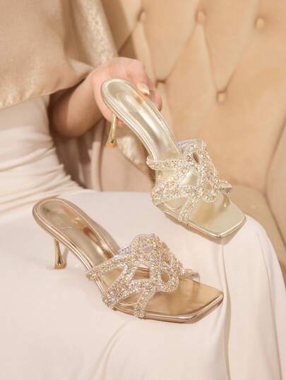 CUCCOO TILAWA Women Shoes Square Toe Slender Heel Gold Transparent Film Hollow Rhinestone Sexy Fashion Elegant Gorgeous Women's High Heel Sandals Slippers With Skirts Daily Versatile Banquet Party Women's Sandals