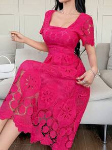 DAZY Women's Elegant Lace Square Collar Mid-Length Dress, Summer - Hot Pink - View 3