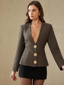 Aveloria Rosie Fashionable Design Elegant Versatile Casual Camellia Metal Button Deep V Herringbone Blazer - Multicolor - View 5