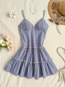 Elamini 女士格子V领收腰吊带连衣裙，夏季 - 藍色 - 查看 4