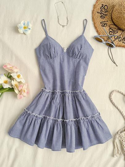 Elamini 女士格子V领收腰吊带连衣裙，夏季
