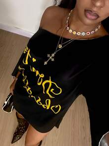 StreetHx Women's Fashionable Asymmetrical Shoulder Printed Black Dress - Multicolor - View 3