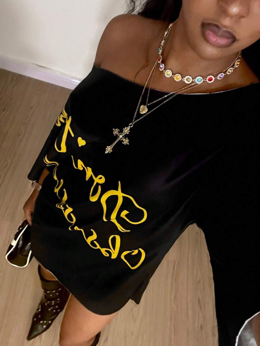 StreetHx Women's Fashionable Asymmetrical Shoulder Printed Black Dress - Multicolor - View 1