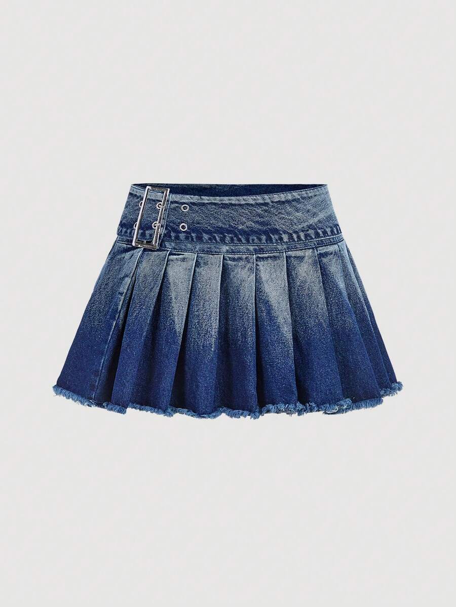 Sweetra 女士休闲牛仔裙，荷叶边裙摆，纽扣闭合 - 藍色 - 查看 1