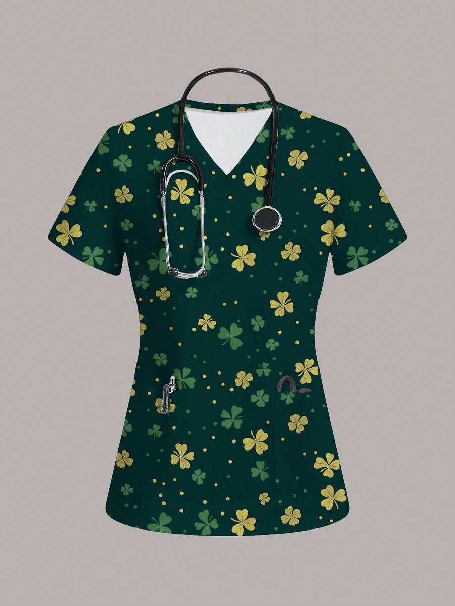 TaskEZ Women's Scrub Uniform Top With Green Clover Print - Multicolor - View 1