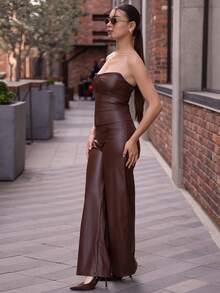 Andrea Bello Bộ 2 áo crop top và quần ống rộng bằng da PU dành cho nữ, trang phục mùa thu giản dị và gợi cảm cho nữ, quần da nâu, áo quây cho nữ, trang phục da nâu, áo nịt ngực bằng da, áo nịt ngực không dây màu nâu - màu nâu - Xem 5