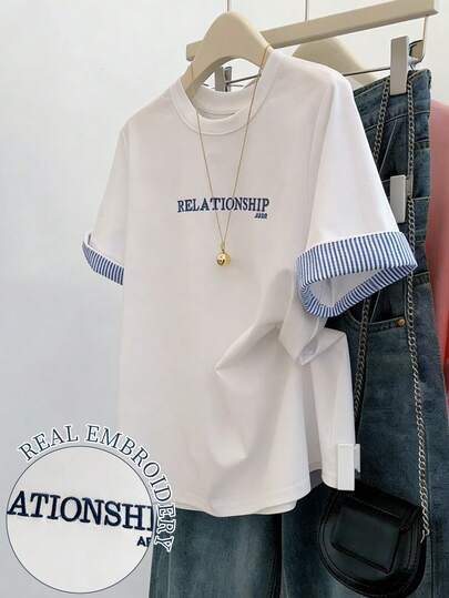 Resyla T-shirt décontracté à manches courtes pour femmes, rayures et patchwork, été