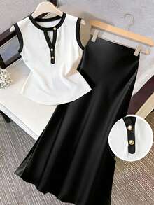 GlowEve CURVE Plus Size Black And White Summer Elegant Office 2 Pieces Set Women Contrast Color Tank Top+Satin Skirt,Casual Classy Work Clothes Blouse Terno Female - Black and White - View 1