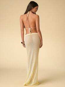 SHEIN BAE Bộ đồ gồm áo croptop không dây và chân váy cạp cao khoét họa tiết hoa kiểu Âu và Mỹ, váy dài dài phong cách Bohemian cho kỳ nghỉ biển, gồm 2 mảnh. - Màu vàng - Xem 2