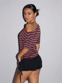 SHEIN ICON Y2k Women's Goth Coachella Concer Club Hippie Gyaru Chinese Style Red And Black Striped Asymmetrical Shoulder Short Sleeve Side Twist Fashionable Blouse,Summer - Multicolor - View 2