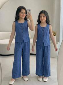 SHEIN Conjunto de top sin mangas con botones y pantalones rectos de moda callejera elegante y casual con estampado jacquard de rayas para niñas preadolescentes - Azul - Ver 4