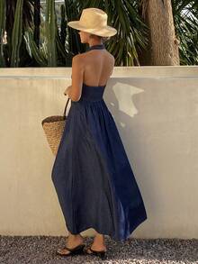 Livesso Women's Vacation Deep V Twist Design Halter Denim Dress - Dark Wash - View 5