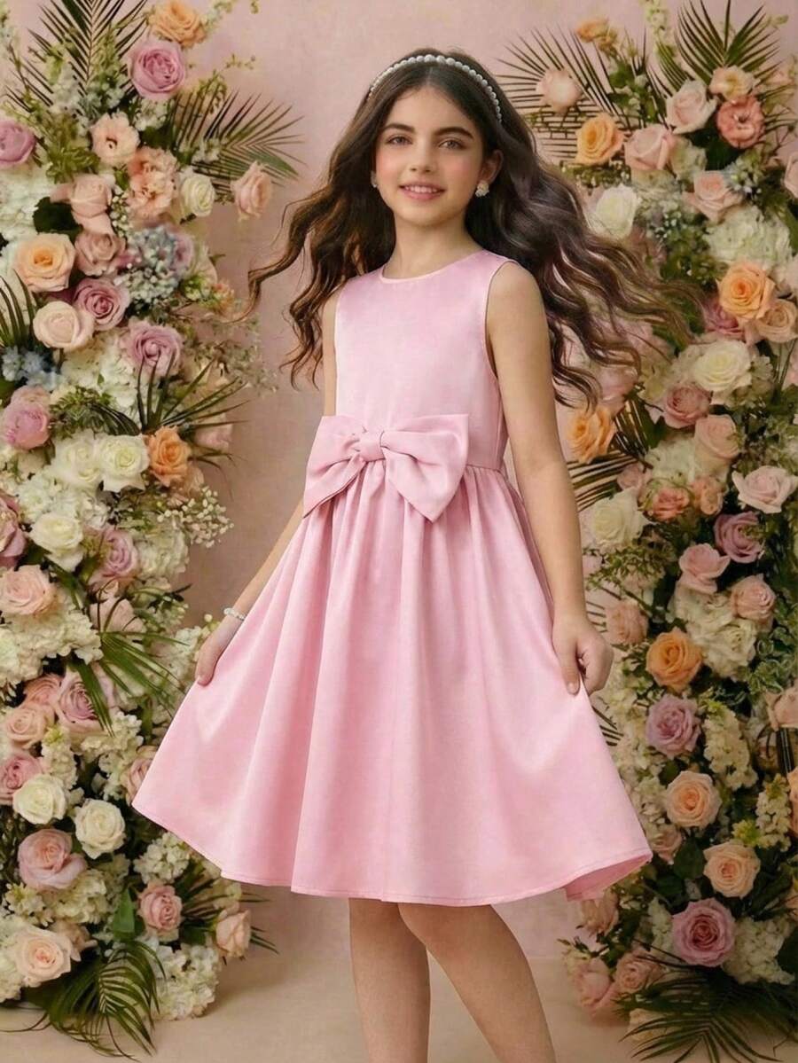 SHEIN Tween Girl Elegant Round Neck Sleeveless Bow Decor Puff Princess Dress Tween Girl - Dusty Pink - View 1