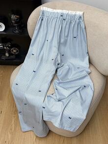 GlowEve Women's Casual Wide Leg Printed Striped Bow Tie Long Pants - Blue and White - View 2