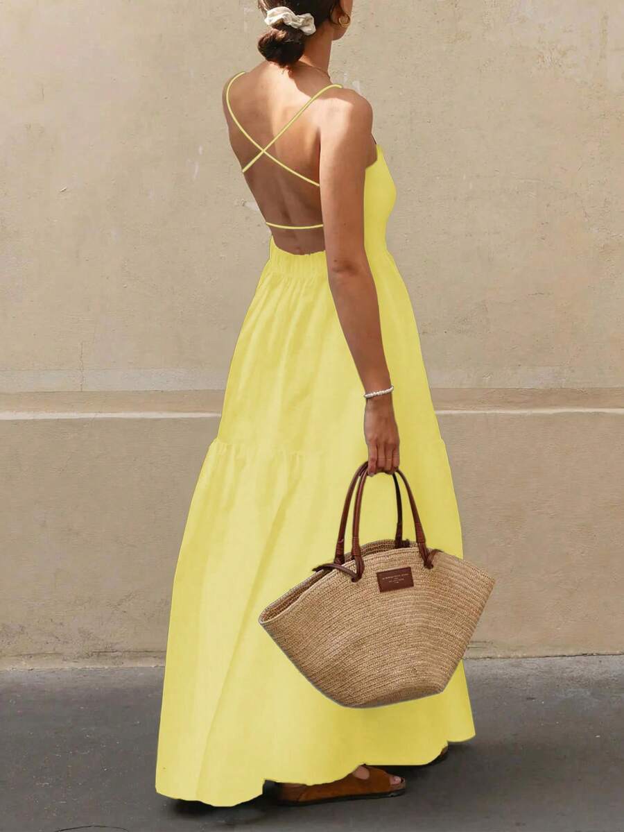 INAWLY Women's Vacation Sexy Solid Color Backless Spaghetti Strap Dress - Yellow - View 1