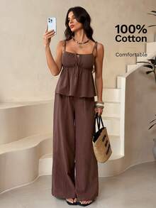 SHEIN Tall 100% Cotton Woven Brown Linen Camisole And Pants Set Pant Suit Summer Sets Brown Two Piece Set Summer Pants Sets For Women Linen Two Piece Set Brown Jumpsuit - Brown - View 7