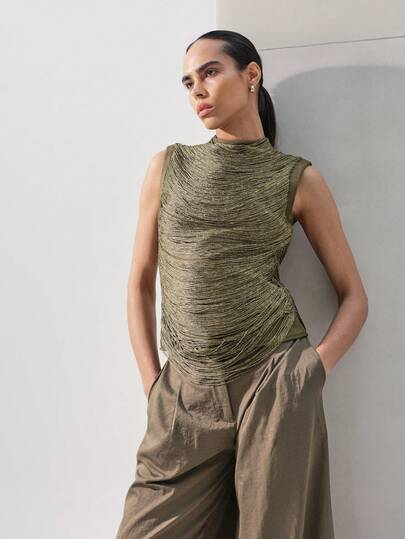 KSTM Women's High Neck Metallic Gold Olive Sleeveless Tank Top With Zipper Back Closure Fall Winter Elegant Blouse