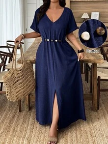Weeklong Plus Size Women's Beaded Decor A-Line V-Neck Casual Dress, Spring/Summer - Navy Blue - View 1