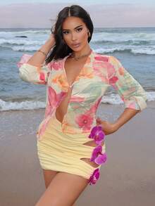 Sirith Women's Vacation Beach Hollow Out 3D Floral Decor Mini Skirt - Light Yellow - View 3