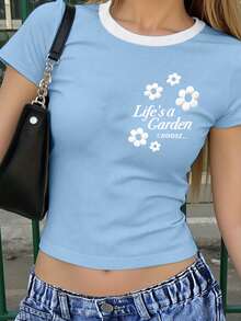 少女蓝色短袖修身印花休闲T恤，适合日常穿着、度假，白色和浅蓝色撞色上衣 - 藍色 - 查看 2