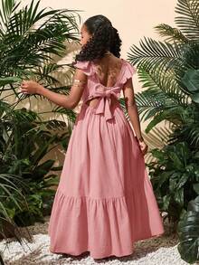 SHEIN 少女度假休闲纯色荷叶边下摆梭织连衣裙，春夏款 - 粉色 - 查看 6