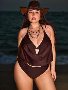 Swim Vcay New Elegant Plus Size Draped Neck Bohemian Bikini Top, Slimming Beach Vacation - Brown - View 4