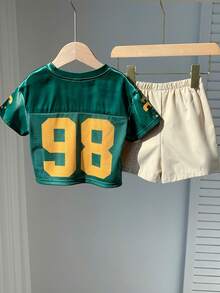 SHEIN 2pcs Baby Boy Fashionable Sporty Jersey Short Sleeve T-Shirt Set, Suitable For Spring/Summer Baby Sports Jerseys Boy Toddler Set Boy Summer Sets Boy Toddler Clothes - Green - View 3
