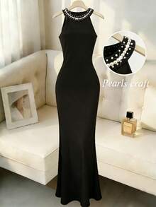 GlowEve 女士时尚串珠露背珍珠装饰黑色派对鸡尾酒礼服，优雅收腰A字中长连衣裙，适合通勤和日常穿着，春夏款 - 黑色 - 查看 1