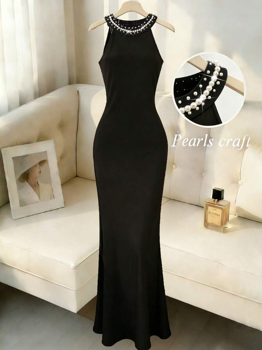 GlowEve 女士时尚串珠露背珍珠装饰黑色派对鸡尾酒礼服，优雅收腰A字中长连衣裙，适合通勤和日常穿着，春夏款 - 黑色 - 查看 1
