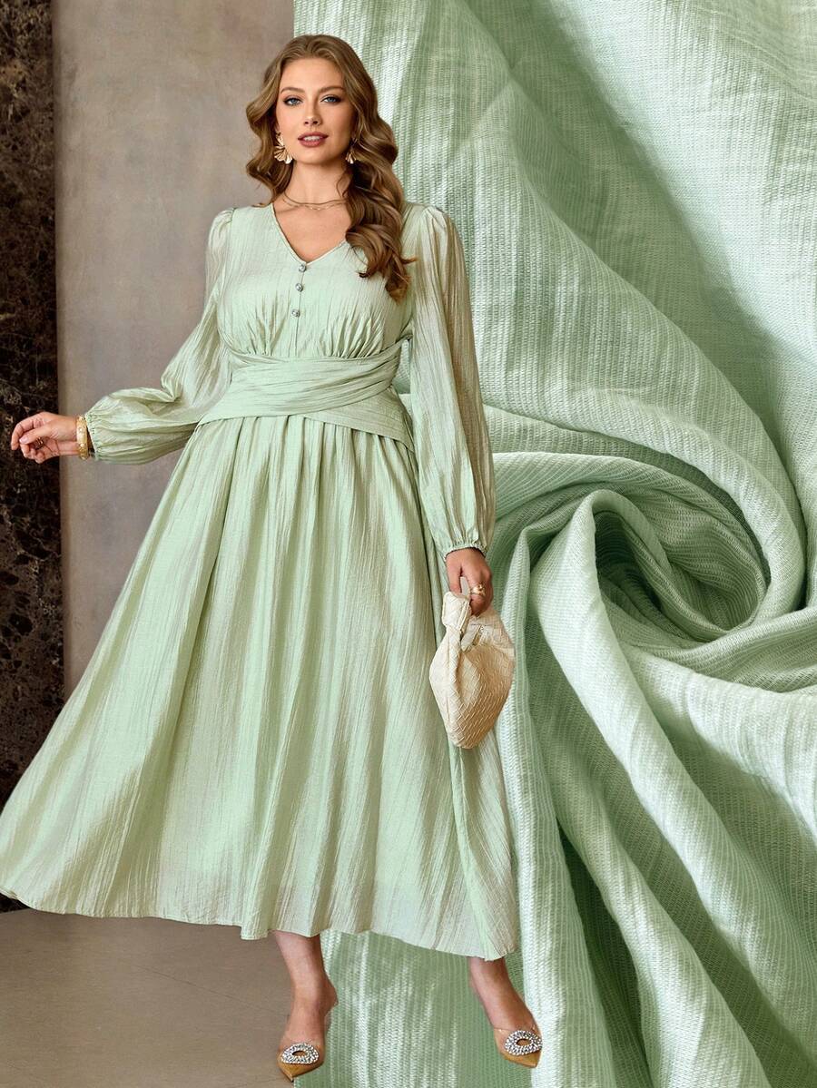 Roveilla Große Größen V-Ausschnitt Blütenärmel strukturierte geraffte Taille Midi Kleid Salbeigrün, Herbst, elegant, Hochzeitsgast französischer Stil Leinen Seidenkleid für Frauen Hochzeit - Minzgrün - Übersicht 1