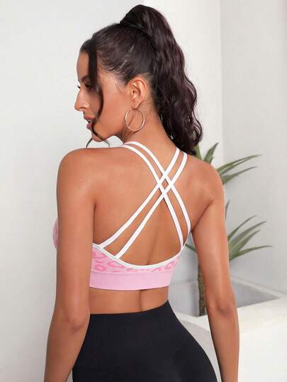 Slayform Sujetador deportivo sin costuras de alta elasticidad con espalda cruzada y estampado completo para uso diario de mujeres