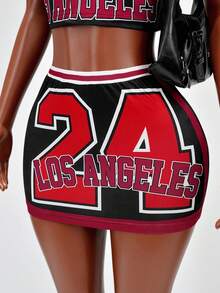 Mistrie Summer New Black & Red Contrast 24 Number & Letter Print Mini Skirt, Basketball Theme Party - Multicolor - View 1