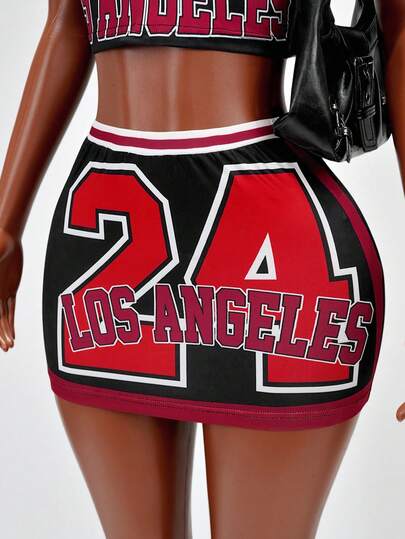 Mistrie Summer New Black & Red Contrast 24 Number & Letter Print Mini Skirt, Basketball Theme Party