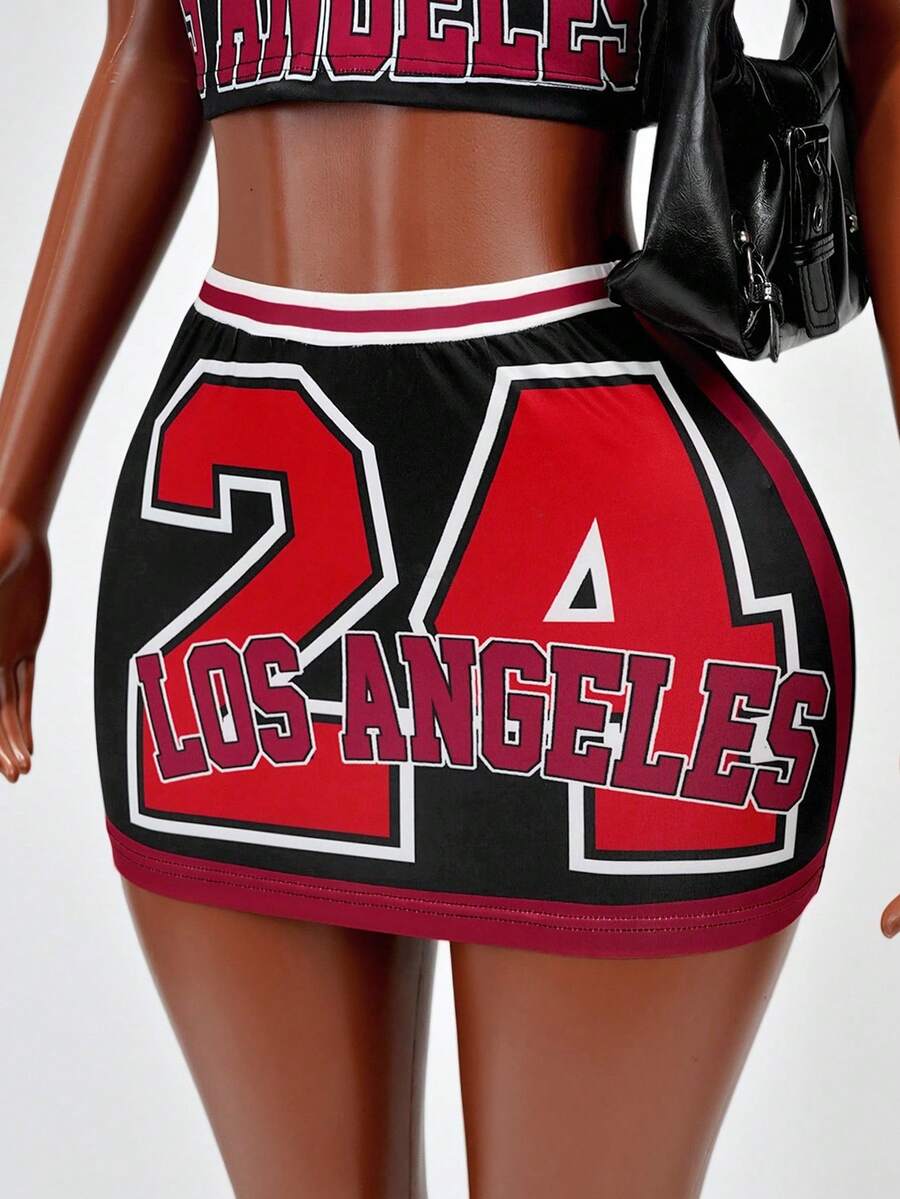 Mistrie Summer New Black & Red Contrast 24 Number & Letter Print Mini Skirt, Basketball Theme Party - Multicolor - View 1