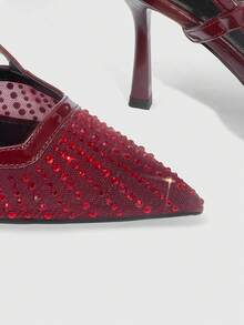 CUCCOO SZL Women's Pointed Toe High Heel Black Mesh Rhinestone Embellished Fashionable Sexy Glamorous Party Occasion Stilettos With Ankle Strap Spring Shoes - burgundy mirror - View 5