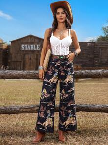 Breezaya Western Style Print High Waist Elastic Waist Wide Leg Pants - Black - View 6