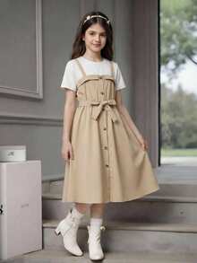 SHEIN 少女休闲优雅校园风淑女户外圆领两件套吊带连衣裙，配腰带，夏季 - 卡其色 - 查看 1