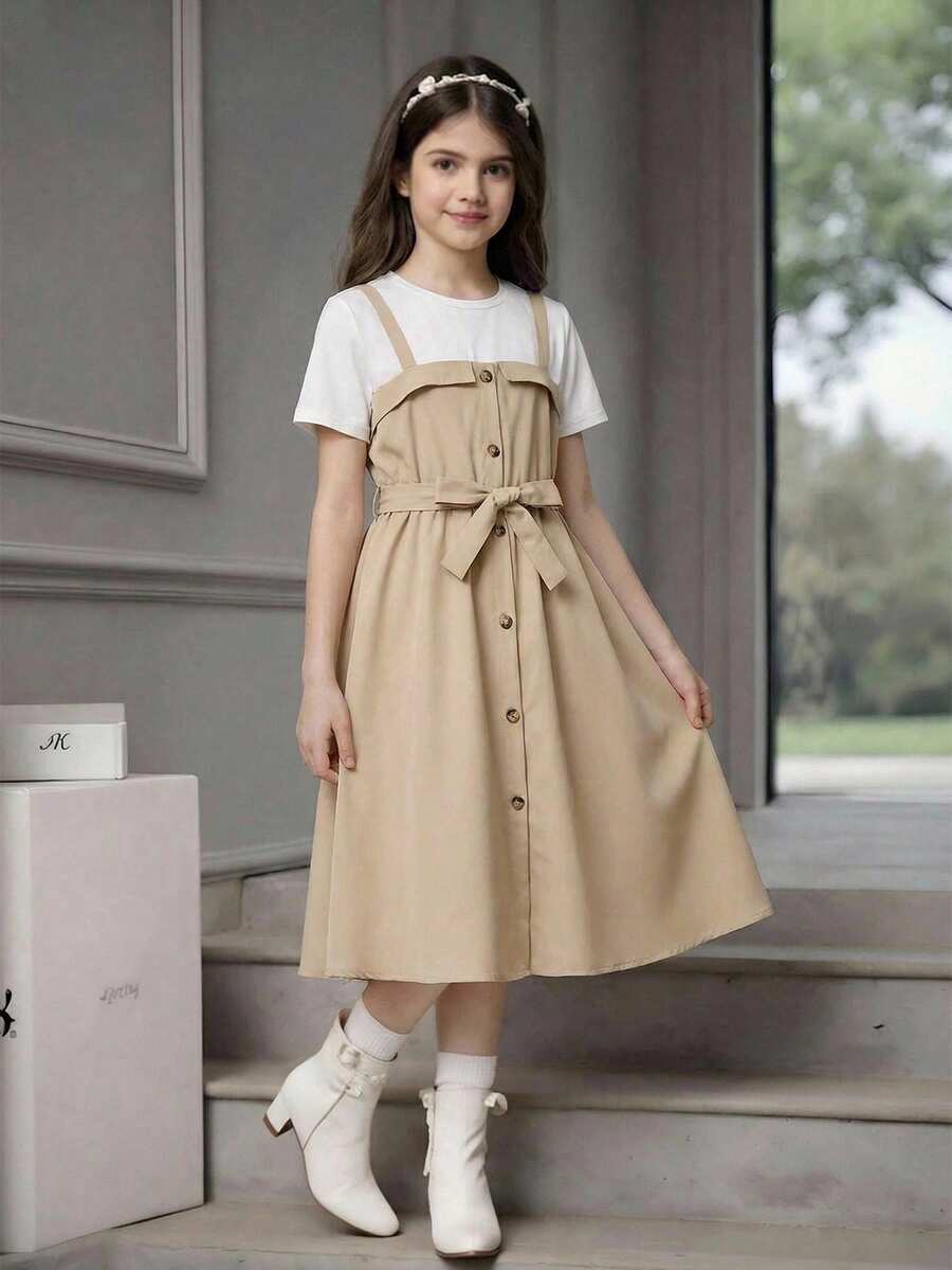 SHEIN 少女休闲优雅校园风淑女户外圆领两件套吊带连衣裙，配腰带，夏季 - 卡其色 - 查看 1