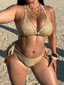Swim SXY 2026 Spring/Summer Plus Size Mesh Metallic Printing Bikini Set,Yellow Beaded Boho Bathing Suits For Women,Gold Two Piece Beach Vacation Holiday - Gold - View 5